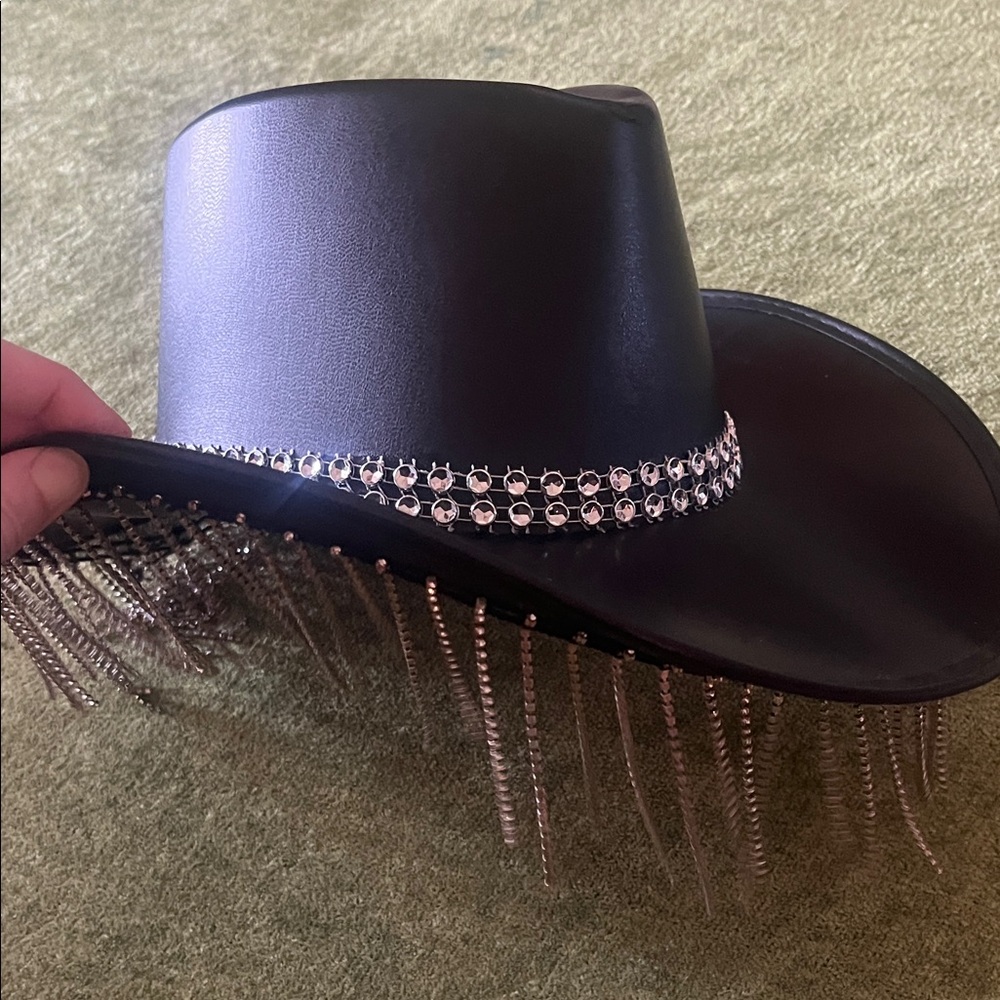 Black Cowboy Hat with Rhinestone Fringe